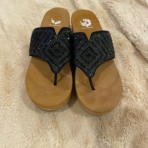 Yellow box beaded sandal wedges